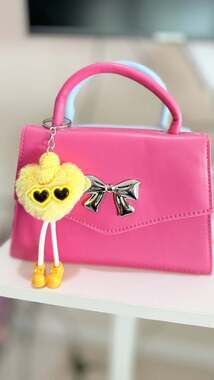OMG Accessories Pink Angled Flap Crossbody Bag with Bow Detail and Furry Heart C